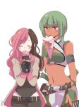  2girls black_hair closed_eyes eating emerald_sustrai food green_hair ice_cream multicolored_hair multiple_girls navel neo_(rwby) pink_hair red_eyes rwby 