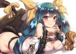  1girl asymmetrical_wings blue_hair blush breasts cleavage dizzy eyebrows eyebrows_visible_through_hair fuya_(tempupupu) guilty_gear guilty_gear_xrd hair_ribbon long_hair looking_at_viewer lying on_stomach red_eyes ribbon simple_background solo squirrel tail tail_ribbon twintails white_background wings yellow_ribbon 