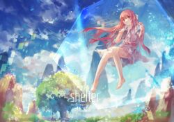  1girl artist_name avamone bangs bare_legs barefoot blue_sky copyright_name cube digital_dissolve dress eyebrows eyebrows_visible_through_hair floating floating_hair frown hair_ribbon hands_up highres invisible_chair long_hair long_sleeves looking_at_viewer mountain outdoors red_eyes redhead ribbon rin_(shelter) scenery shelter_(music_video) short_dress short_over_long_sleeves sky solo swing tablet tree very_long_hair 