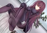  1girl bodysuit breasts dutch_angle fate/grand_order fate_(series) highres kesoshirou long_hair looking_at_viewer plant purple_hair red_eyes scathach_(fate/grand_order) solo toes window 