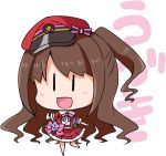  1girl =d blush bow brown_hair character_name chibi commentary_request dekitate_evo!_revo!_generation! full_body hat hat_bow idolmaster idolmaster_cinderella_girls long_hair looking_at_viewer noai_nioshi one_side_up open_mouth peaked_cap pink_bow pink_ribbon ribbon shimamura_uzuki shirt simple_background skirt skirt_set smile solo striped striped_bow white_background |_| 