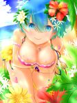  1girl beach bikini blue_eyes blue_hair blue_sky breasts cleavage clouds day flower hair_flower hair_ornament highres horizon large_breasts looking_at_viewer ocean outdoors re:zero_kara_hajimeru_isekai_seikatsu rem_(re:zero) short_hair sky smile solo swimsuit water 