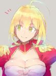  ahoge blonde_hair breasts cleavage epaulettes fate/extra fate_(series) green_eyes grey_background redrop saber_extra simple_background smile 