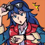  1girl akairiot back_to_the_future blue_eyes blue_hair fire_emblem fire_emblem:_kakusei long_hair lowres lucina marty_mcfly marty_mcfly_(cosplay) open_mouth solo super_smash_bros. trait_connection watch 