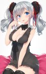  1girl between_legs black_legwear blue_eyes blush breasts cleavage detached_collar finger_to_mouth halter_top halterneck hand_between_legs highres kantai_collection kashima_(kantai_collection) large_breasts long_hair looking_at_viewer mhong neck_ribbon nightgown no_panties ribbon see-through silver_hair sitting sleepwear thigh-highs tongue tongue_out twintails wavy_hair 