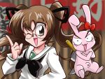  1girl 90s bangs black_bow blouse bow brown_eyes brown_hair choroli_(chorolin) crossed_arms emblem freckles girls_und_panzer glasses hair_ribbon knife long_hair long_sleeves looking_at_viewer navel one_eye_closed oono_aya open_mouth parody pointing pointing_up portrait rabbit red_bow ribbon round_glasses school_uniform serafuku smile solo style_parody twintails white_blouse 