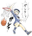  1girl :d basketball basketball_hoop blue_eyes boots clothes_writing dress dunk hat highres kanno_takanori kantai_collection open_mouth partially_translated reverse_trap sailor_dress sailor_hat short_hair silver_hair simple_background smile solo translation_request white_background z1_leberecht_maass_(kantai_collection) 