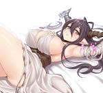  1girl bandages bed black_hair breasts covered_nipples danua granblue_fantasy horn_ornament horns lang_(chikage36) large_breasts legs_up long_hair lying on_back pointy_ears red_eyes sideboob solo thighs 