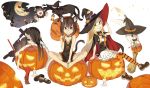  4girls animal_ears bandages barefoot black_hair blonde_hair blue_eyes cat cat_ears cat_tail ghost green_eyes halloween halloween_costume hat horns kimura_(ykimu) long_hair multiple_girls open_mouth original pointy_ears red_eyes short_hair tail thigh-highs witch_hat 