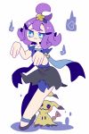  1girl :3 acerola_(pokemon) armlet bangs blue_eyes blush_stickers bright_pupils dress elite_four full_body hair_ornament half_updo highres hitodama mimikyu_(pokemon) op_na_yarou pokemon pokemon_(creature) pokemon_(game) pokemon_sm purple_hair sandals shadow short_hair short_sleeves simple_background solo standing torn_clothes torn_dress white_background 