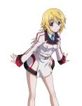  1girl belt blonde_hair charlotte_dunois dress eyebrows_visible_through_hair grey_ribbon hair_ribbon highres infinite_stratos leaning_forward long_hair looking_at_viewer neck_ribbon ponytail ribbon short_dress simple_background smile solo standing violet_eyes white_background 