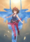  1girl breasts brown_eyes brown_hair brown_shoes character_request cleavage clouds collarbone f-15_eagle feathers full_body kamisama_no_inai_sora looking_at_viewer maruto! medium_breasts midriff outstretched_arms parted_lips pilot_suit shirt shoes silhouette sky sleeveless sleeveless_shirt solo sun sunset tank_top 