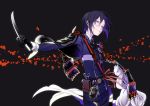  1boy armor black_gloves black_hair gloves japanese_armor kiwame_(touken_ranbu) komenama male_focus military military_uniform necktie petals smile sode tantou touken_ranbu uniform violet_eyes yagen_toushirou 