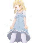  1girl blonde_hair blue_dress cowboy_shot crying crying_with_eyes_open dress dress_tug flower from_below hair_flower hair_ornament idolmaster idolmaster_cinderella_girls misha_(hoongju) morikubo_nono open_mouth orange_eyes pantyhose ringlets shirt short_sleeves solo tears wavy_mouth white_background white_legwear white_shirt 