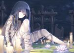  1girl bandages bangs black_hair blood bloody_clothes blunt_bangs bracelet candle choker cross expressionless flower hair_over_shoulder jewelry lily_(flower) lily_pad long_hair looking_at_viewer makadamixa original red_eyes ruins solo veil 