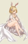  1girl ;) alternate_costume animal_ears ass bare_legs blonde_hair breasts brown_eyes cape cleavage crossed_legs djeeta_(granblue_fantasy) fake_animal_ears finger_to_mouth flower granblue_fantasy hair_flower hair_ornament hairband high_heels highres invisible_chair jewelry leotard looking_at_viewer one_eye_closed puffy_short_sleeves puffy_sleeves rabbit_ears sage_(granblue_fantasy) shoes short_hair short_sleeves single_earring sitting smile solo wakaba_(945599620) white_leotard white_shoes wrist_cuffs 