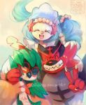  artist_name claws decidueye everyone eyes_closed glint incineroar lowres no_humans peace_sign pokemon pokemon_(game) pokemon_sm primarina royalnoir sharp_teeth smile v 