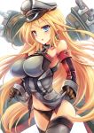  1girl anchor_hair_ornament bare_shoulders bismarck_(kantai_collection) black_panties blonde_hair blue_eyes breastplate breasts brown_gloves cannon detached_sleeves gloves goushou grey_legwear hair_ornament hat iron_cross jacket jacket_lift kantai_collection large_breasts long_hair machinery military military_hat military_uniform open_mouth panties peaked_cap thigh-highs turret underwear uniform 