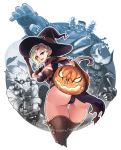  1girl 3boys ass blonde_hair blue_eyes breasts brown_legwear halloween hat jack-o&#039;-lantern junkrat_(overwatch) london mercy_(overwatch) multiple_boys overwatch phandit_thirathon reaper_(overwatch) roadhog_(overwatch) thigh-highs thighs witch_hat 