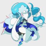  1boy amamimaru black_hair blue_eyes blue_hair closed_eyes full_body highres long_hair male_focus male_protagonist_(pokemon_sm) pokemon pokemon_(creature) pokemon_(game) pokemon_sm primarina shoes shorts sneakers tail 