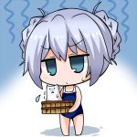  1girl angora_rabbit bangs blue_eyes blue_hair braid bucket chibi competition_school_swimsuit double_bun eyebrows eyebrows_visible_through_hair full_body gochuumon_wa_usagi_desu_ka? gradient gradient_background holding jitome kafuu_chino noai_nioshi one-piece_swimsuit rabbit school_swimsuit solo swimsuit tippy_(gochuumon_wa_usagi_desuka?) two-tone_background wooden_bucket 