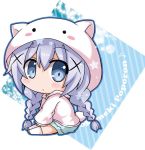  1girl animal_hood bangs blue_eyes blue_hair blush braid bunny_hood character_hood chibi eyebrows eyebrows_visible_through_hair full_body gochuumon_wa_usagi_desu_ka? hair_ornament hood kafuu_chino long_hair looking_at_viewer noai_nioshi shorts solo tippy_(gochuumon_wa_usagi_desuka?) twin_braids white_legwear x_hair_ornament 