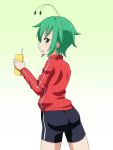  1girl antennae ass bike_shorts can cato_(monocatienus) cowboy_shot drinking_straw from_behind gradient gradient_background green_background green_eyes green_hair jacket looking_back open_mouth short_hair simple_background solo touhou wriggle_nightbug 