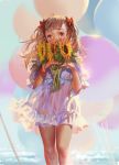  1girl alphonse_(white_datura) balloon bracelet brown_eyes brown_hair covering_mouth dress flower hair_ribbon highres holding holding_flower jewelry long_hair original realistic ribbon see-through solo sunflower twintails 