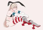  1girl bikini black_bikini blonde_hair breasts elbow_gloves gloves hairband highleg highleg_bikini highleg_swimsuit kantai_collection long_hair navel ojipon pink_background rudder_shoes shimakaze_(kantai_collection) simple_background sitting small_breasts solo striped striped_legwear sweat swimsuit thigh-highs white_gloves 