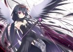  1girl absurdres akemi_homura akuma_homura black_dress black_gloves black_hair checkered checkered_legwear dark_orb_(madoka_magica) dress elbow_gloves feathers flat_chest gloves hair_ribbon highres holding long_hair mahou_shoujo_madoka_magica mahou_shoujo_madoka_magica_movie makadamixa red_ribbon ribbon smile solo thigh-highs violet_eyes wings 