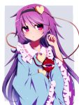  1girl :/ alternate_hair_length alternate_hairstyle blush closed_mouth collarbone commentary_request eyeball frilled_shirt_collar frilled_sleeves frills hairband heart komeiji_satori long_hair long_sleeves looking_at_viewer pink_eyes purple_hair sleeves_past_wrists solo third_eye touhou upper_body very_long_hair wide_sleeves you_(noanoamoemoe) 