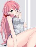  1girl akashi_(kantai_collection) alternate_costume baozi bare_shoulders breasts china_dress chinese_clothes commentary dress eating food green_eyes groin ica kantai_collection long_hair looking_at_viewer medium_breasts no_panties out_of_frame pink_hair sitting solo 