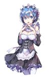  1girl apron bad_id black_ribbon blue_eyes blue_hair blush bow breasts cleavage cowboy_shot detached_sleeves eyes_visible_through_hair fingers_together frilled_sleeves frills hair_ornament hair_over_one_eye hair_ribbon highres maid maid_headdress medium_breasts newey purple_ribbon re:zero_kara_hajimeru_isekai_seikatsu rem_(re:zero) ribbon ribbon-trimmed_clothes ribbon_trim short_hair solo steepled_fingers thigh-highs underbust white_background white_legwear x_hair_ornament 