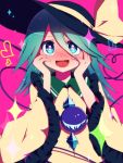  1girl :d alternate_hair_length alternate_hairstyle aqua_eyes black_hat blush commentary_request eyeball frilled_shirt_collar frilled_sleeves frills green_hair hands_on_own_cheeks hands_on_own_face hat hat_ribbon heart heart-shaped_pupils heart_of_string komeiji_koishi long_hair looking_at_viewer nose_blush open_mouth pink_background ribbon smile solo sparkle symbol-shaped_pupils third_eye touhou upper_body wide_sleeves yellow_ribbon you_(noanoamoemoe) 