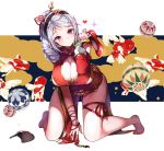  1girl barefoot blush braid breasts china_dress chinese_clothes cleavage cleavage_cutout dress fish goldfish hair_ornament hairband heart highres holding kanola_u kneeling large_breasts long_hair looking_at_viewer red_eyes ribbon shoes silver_hair single_braid smile solo sparkle thigh_ribbon 