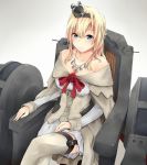  1girl bare_shoulders blonde_hair blue_eyes braid collarbone corset crossed_legs crown dress french_braid gradient gradient_background hairband jenson_tw jewelry kantai_collection light_smile long_hair machinery mini_crown necklace off-shoulder_dress off_shoulder revision sitting smile solo thigh-highs throne warspite_(kantai_collection) 