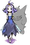  1girl :3 acerola_(pokemon) antenna_hair armlet arms_behind_back bangs closed_mouth collarbone dress elite_four full_body gengar hair_ornament half_updo highres looking_at_viewer pokemon pokemon_(creature) pokemon_(game) pokemon_sm purple_dress purple_hair sandals shadow short_hair short_sleeves signature simple_background smile solo standing torn_clothes torn_dress tsukikage_muntosu violet_eyes white_background 