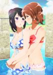  2girls bikini black_hair blush breasts brown_eyes brown_hair cleavage hibike!_euphonium highres holding_hands kousaka_reina long_hair looking_at_another multiple_girls oumae_kumiko pool short_hair sonouchi_(bigsummersky) swimsuit tied_hair violet_eyes yuri 