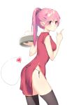  1girl absurdres ass breasts china_dress chinese_clothes dress eyeliner from_side heart highres long_hair makeup miao_nai original panties parted_lips pink_eyes pink_hair pointy_ears ponytail side-tie_panties side_slit simple_background solo thigh-highs tray underwear waitress 