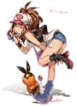  1girl bag bare_legs baseball_cap black_vest blue_eyes boots brown_hair denim denim_shorts full_body handbag hat holding holding_poke_ball leaning_forward long_hair naru_(andante) one_eye_closed poke_ball pokemon pokemon_(creature) pokemon_(game) pokemon_bw shirt shorts signature sleeveless sleeveless_shirt smile standing standing_on_one_leg tepig touko_(pokemon) white_background white_shirt wristband 