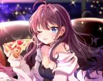  1girl :3 :p blue_eyes blush breasts brown_hair cheese_trail chocho_(homelessfox) cleavage earrings eating food ichinose_shiki idolmaster idolmaster_cinderella_girls jewelry long_hair looking_at_viewer one_eye_closed pizza smile solo tongue tongue_out 