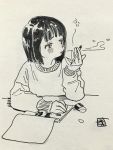  1girl blowing desk eraser greyscale highres hiro_(dismaless) monochrome notebook open_mouth original pencil signature simple_background solo sweater 