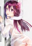  1girl :d ass blush bra hair_ornament kantai_collection kisaragi_(kantai_collection) long_hair looking_at_viewer looking_back open_mouth panties purple_hair see-through shirt smile solo sweat underwear violet_eyes yuna_(yukiyuna) 