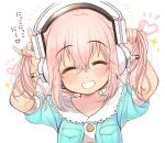  1girl blush closed_eyes grin headphones kanjitomiko looking_at_viewer nico_nico_nii nitroplus pink_hair short_hair smile solo super_sonico teeth twintails younger 