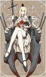  1girl art_nouveau bare_shoulders blonde_hair blue_eyes boushi-ya braid breasts character_name cleavage corset crossed_legs crown dress french_braid garter_straps globus_cruciger hair_between_eyes hairband holding jewelry kantai_collection long_hair machinery mini_crown necklace off-shoulder_dress off_shoulder revision scepter sitting smile solo staff thigh-highs throne turret warspite_(kantai_collection) white_legwear 