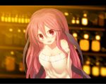  1girl :d alternate_costume arms_behind_back bare_shoulders blurry blush breasts cleavage commentary_request demon_girl demon_wings depth_of_field head_wings koakuma kuresento large_breasts leaning_forward letterboxed long_hair looking_at_viewer off-shoulder_sweater open_mouth red_eyes redhead smile solo sweater touhou upper_body very_long_hair wings 