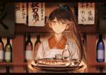  1girl alcohol alternate_costume apron blurry brown_eyes brown_hair eyebrows eyebrows_visible_through_hair fish floral_print food houshou_(kantai_collection) indoors japanese_clothes kantai_collection kimono long_hair looking_at_viewer ponytail rom_(romshiro) smile solo tray 