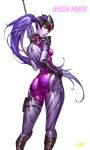 1girl ass bodysuit breasts highres long_hair looking_at_viewer looking_back overwatch ozma ponytail purple_hair purple_skin shiny shiny_clothes simple_background small_breasts solo thighs visor white_background widowmaker_(overwatch) yellow_eyes 