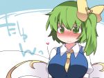  1girl 3: 3:&lt; ascot between_breasts blush bow breasts commentary_request daiyousei dress_shirt green_eyes green_hair hair_bow hammer_(sunset_beach) heart large_breasts long_hair shirt side_ponytail solo sweat symbol_ricochet touhou translated upper_body wings 