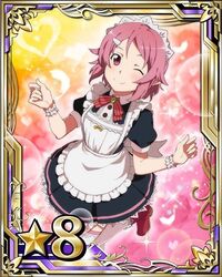  1girl card_(medium) hair_ornament hairclip heart lisbeth lisbeth_(sao-alo) looking_at_viewer maid maid_headdress neck_ribbon number one_eye_closed one_leg_raised pink_hair red_eyes red_shoes ribbon shoes short_hair solo star sword_art_online thigh-highs white_legwear wrist_cuffs 